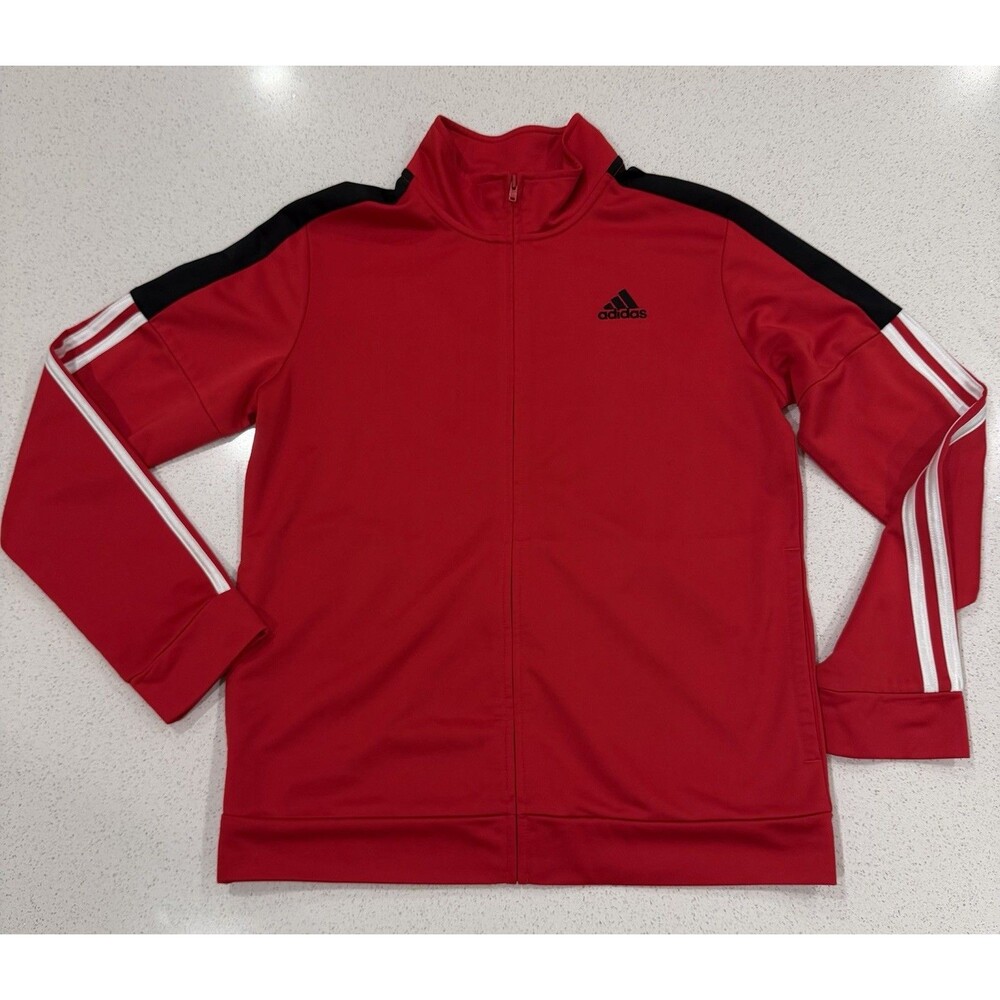 Adidas Boys Striped Track Jacket Full Zip Regular Fit Red/Black Size L 14/16